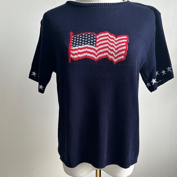 Vintage Womens USA Patriotic Flag Stars Short Sleeve Sweater Small Holiday Party - Picture 2 of 9